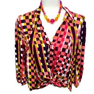 NY&C Knotted Waist With Tie Neck Squares Blouse